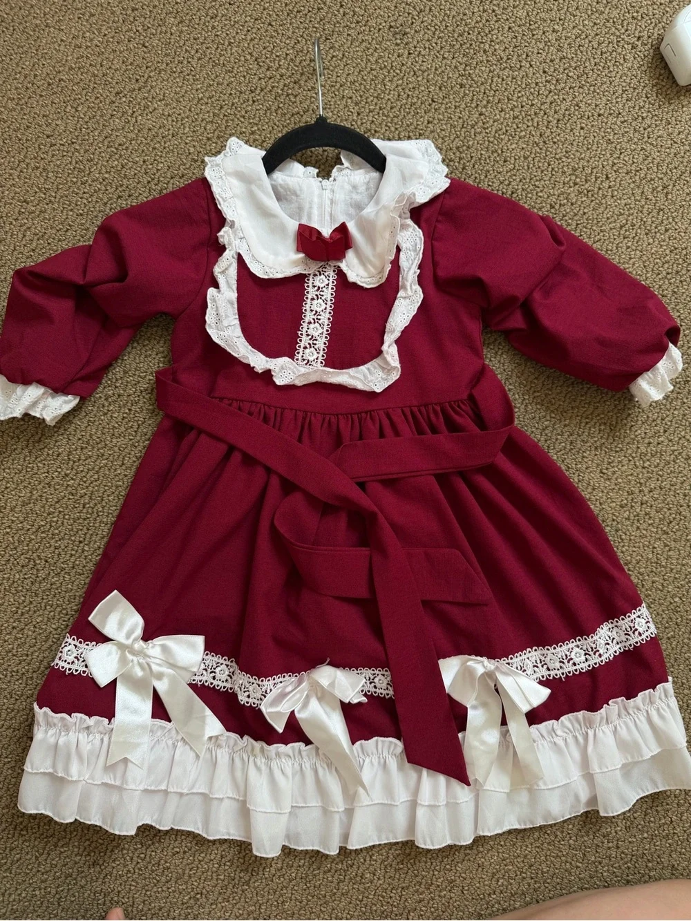 Girls Burgundy Lace Trim Bow Party Dress - Classic Vintage Style